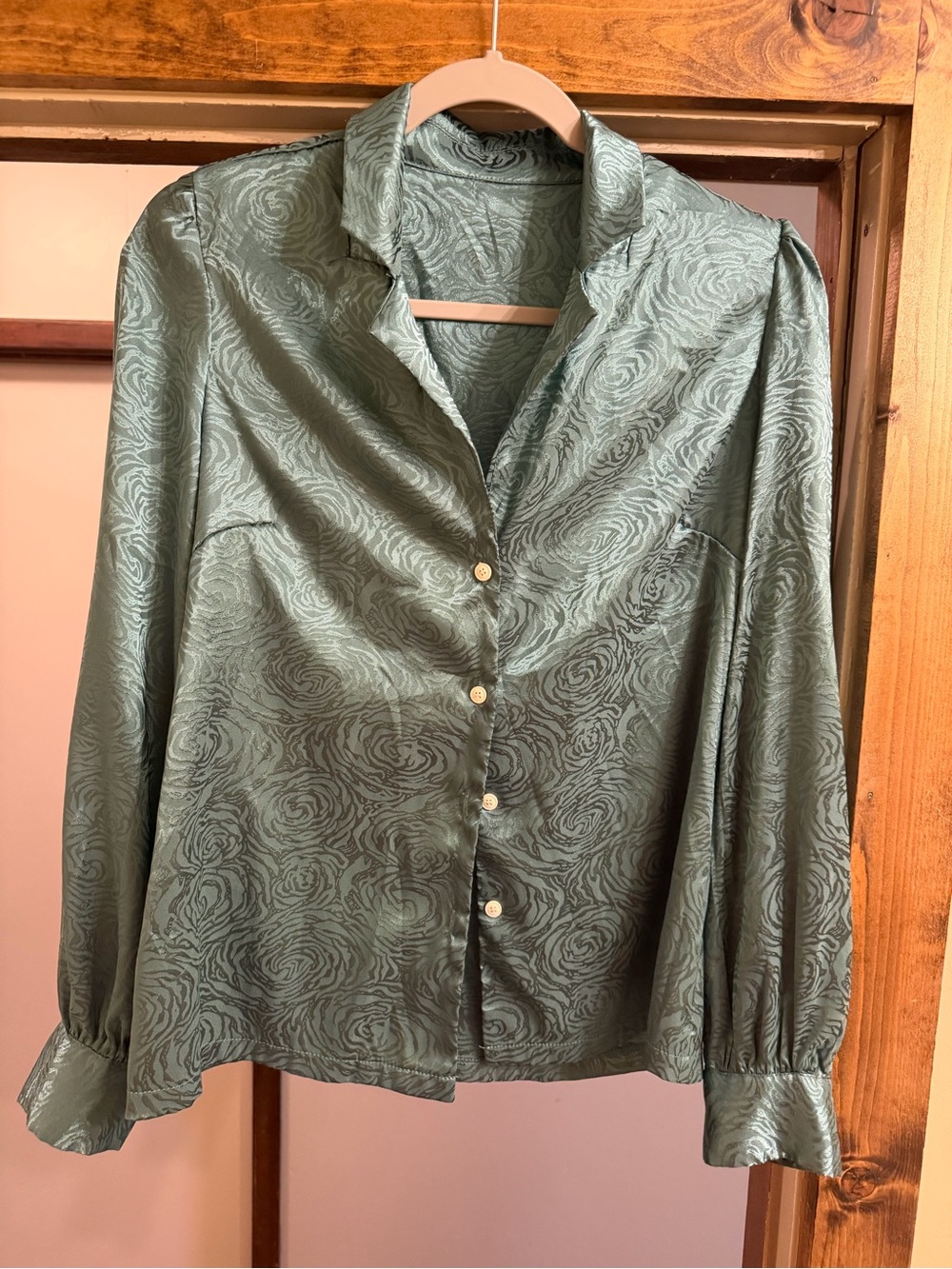 SHEIN Sage Green Satin Jacquard Button-Down Blouse